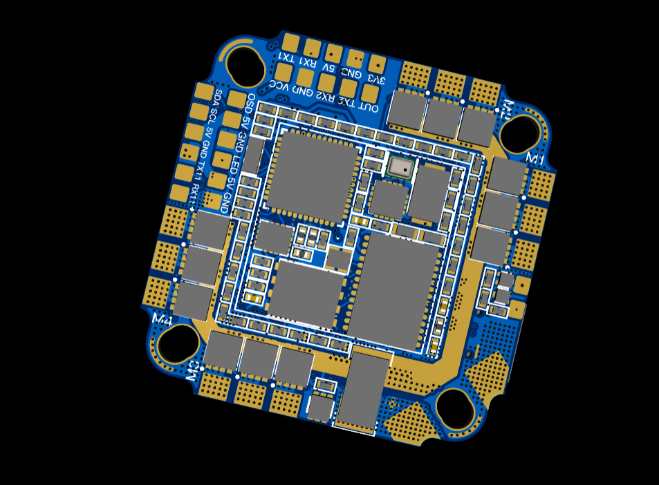 Top side render of the blue and gold AIO flight controller PCB