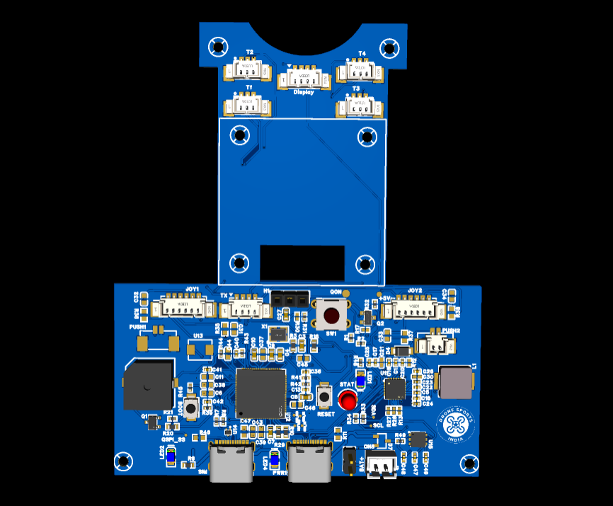 Top-side render of the blue Drone RC PCB with joystick, switch and display connectors