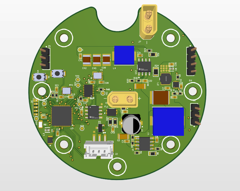 Top-side render of the circular green end-effector controller PCB with mounting holes, power connectors and communication headers