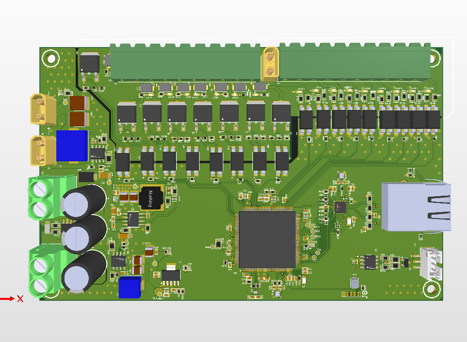Top-side render of the Industrial Controller PCB with terminal blocks, power circuitry and an Ethernet connector