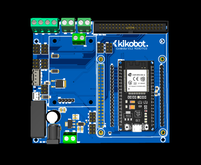Top-side render of the blue Robotic Controller PCB with ESP32 module, expansion headers and terminal blocks